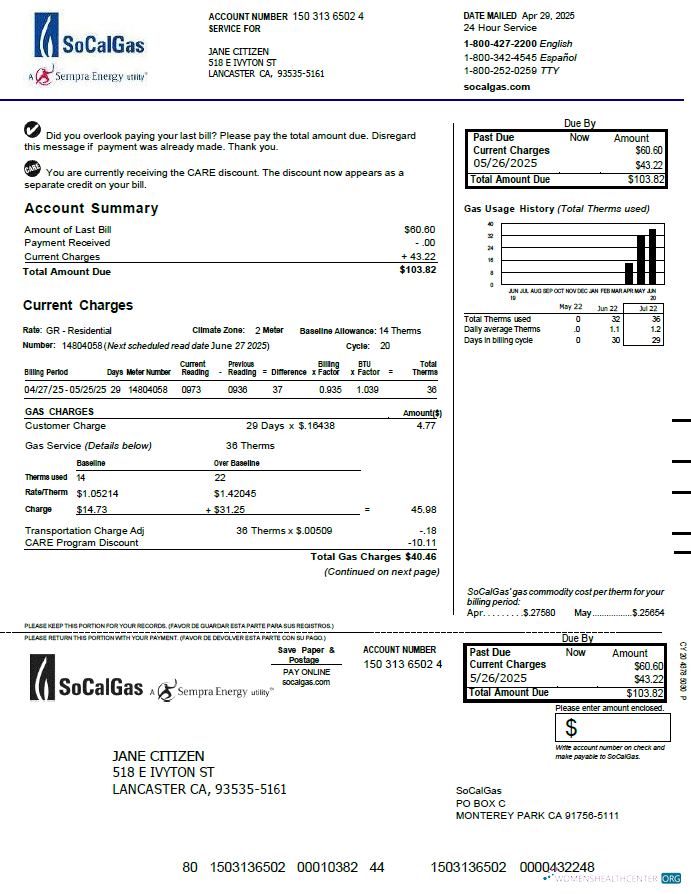 download download USA So Cal Gas utility bill template in Word and PDF formats, version 3 PDF template PDF template